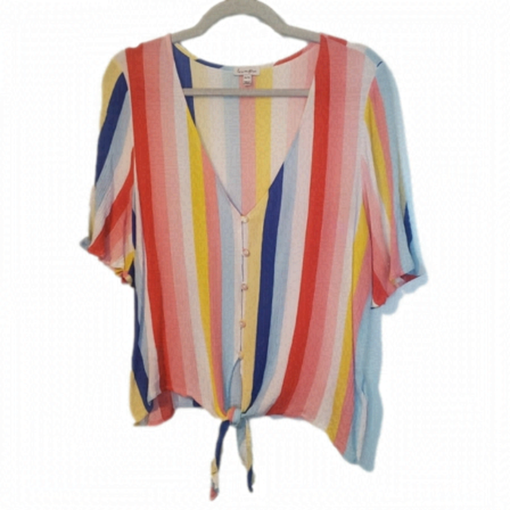 Love, fire rainbow rayon slight crop button down tie front XL top
